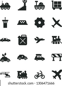Solid Black Vector Icon Set - truck lorry vector, cargo trolley, baby toy train, traffic signal, canister, environmentally friendly transport, electric, lunar rover, winner stairway, private plane