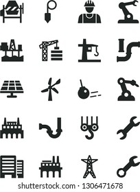 Solid Black Vector Icon Set - tower crane vector, builder, winch hook, concrete mixer, sewerage, buildings, plummet, core, commercial seaport, solar panel, wind energy, water pipes, power line