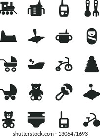 Solid Black Vector Icon Set - mug for feeding vector, measuring cup, diaper, beanbag, baby stroller, carriage, children's bathroom, stacking rings, roly poly doll, toy phone, mobile, potty chair