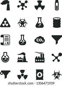 Solid Black Vector Icon Set - flask vector, manufacture, factory, oil, barrel, industrial building, radiation, carbon dyoxide, filter, water, research article, test tube, molecule, nuclear