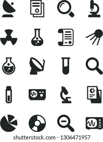 Solid Black Vector Icon Set - magnifier vector, zoom out, artificial satellite, round flask, radiation, dish, antenna, ring diagram, pie charts, statistical research, article, scientific publication