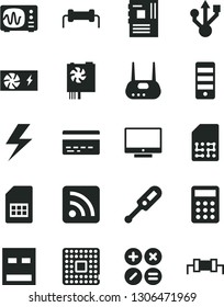 Solid Black Vector Icon Set - lightning vector, bank card, rss feed, electronic thermometer e, screen, math actions, processor, SIM, calculator, pc power supply, tower, motherboard, usb, router