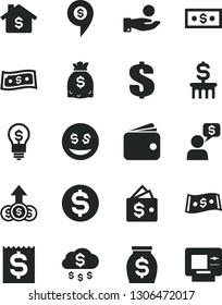 Solid Black Vector Icon Set - dollar vector, financial item, catch a coin, wallet, money, dollars, rain, mortgage, column, idea, eyes, growth, dialog, pin, atm
