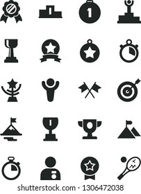 Solid Black Vector Icon Set - stopwatch vector, winner, pedestal, podium, prize, award, gold cup, star, man with medal, motivation, mountain flag, target, first place, ribbon, cross flags, tennis