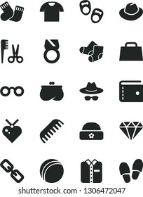 Solid Black Vector Icon Set - purse vector, spectacles, hat, with glasses, bath ball, accessories for a hairstyle, comb, warm socks, Knitted, shoes little children, T shirt, folded, hand bag