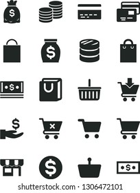 Solid Black Vector Icon Set - paper bag vector, grocery basket, bank card, cart, put in, crossed, with handles, cards, kiosk, coins, shopping, column of, dollar, get a wage, money, dollars, cash