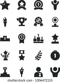 Solid Black Vector Icon Set - star vector, pedestal, flame torch, winner, laurel branch, podium, prize, cup, reward, man with medal, first place, pennant, ribbon, hero, hands up