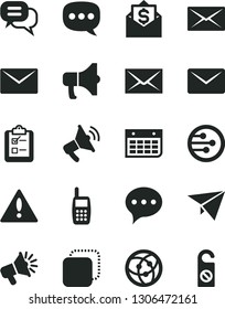 Solid Black Vector Icon Set - warning vector, envelope, speech, survey, megaphone, copy, loudspeaker, wall calendar, mobile phone, network, mail, dialog, paper plane, money, do not distrub