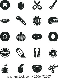 Solid Black Vector Icon Set - scissors vector, mark of injury, iron fork spoons, arm saw, knife, stationery, cheese, slices onion, piece meat, half pomegranate, plum, peach, melon, cherry, kiwi