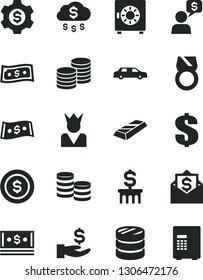 Solid Black Vector Icon Set - dollar vector, strongbox, coins, column of, get a wage, cash, gold ring, bar, money rain, coin, gear, king, limousine, mail, dialog, safe