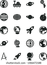 Solid Black Vector Icon Set - sign of the planet vector, globe, earth, scribed compasses, space rocket, core, saturn, lunar rover, man hold world, flag on moon