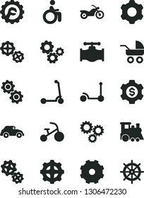 Solid Black Vector Icon Set - truck lorry vector, baby carriage, children's train, tricycle, Kick scooter, child, gears, cogwheel, star gear, valve, retro car, three, dollar, motorcycle, disabled