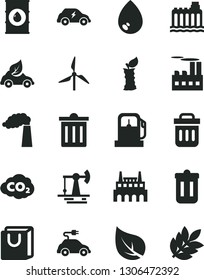 Solid Black Vector Icon Set - bin vector, drop, bag with handles, apple stub, working oil derrick, leaf, gas station, windmill, manufacture, hydroelectricity, industrial building, factory, eco car