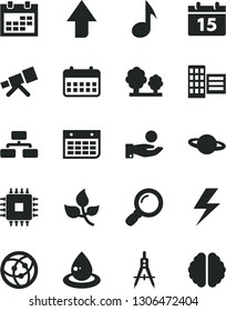 Solid Black Vector Icon Set - lightning vector, calendar, upward direction, city block, flowchart, planet, leaves, trees, drop of oil, Measuring compasses, catch a coin, wall, cpu, network, note