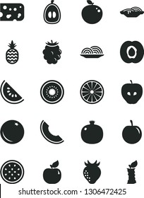 Solid Black Vector Icon Set - piece of cheese vector, onion, slices, a pineapple, orange, half apricot, pomegranate, tasty apple, strawberry, blackberry, slice melon, water, loquat, plum, kiwi, stub