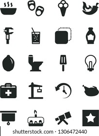 Solid Black Vector Icon Set - incandescent lamp vector, first aid kit, shoes for little children, comfortable toilet, copy, torte, hot porridge, chicken, chili, a glass of soda, popsicle, cone, lime