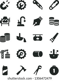 Solid Black Vector Icon Set - safety pin vector, tower crane, concrete mixer, adjustable wrench, hand saw, gear, star, stationery knife, kitchen faucet, hammer with claw, coins, soda can, pipe