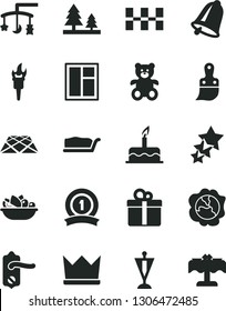 Solid Black Vector Icon Set - toys over the cradle vector, teddy bear, cake, window, plastic brush, door knob, ceramic tiles, pavement, bell, gift, slice, a plate of fruit, squash, forest, pennant