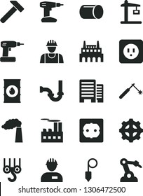 Solid Black Vector Icon Set - builder vector, workman, winch hook, cordless drill, sewerage, power socket type b, f, buildings, plummet, hammer, manufacture, oil, industrial building, factory, gear