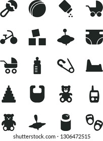 Solid Black Vector Icon Set - feeding bottle vector, nappy, powder, baby, bib, beanbag, stroller, carriage, open pin, bath ball, stacking toy, mobile phone, potty chair, teddy bear, small, yule