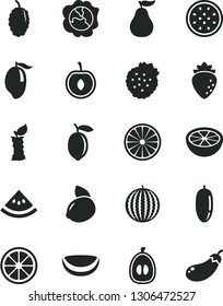Solid Black Vector Icon Set - strawberries vector, squash, raspberry, mulberry, water melon, mango, date fruit, half loquat, cherry, lemon, yellow, juicy, of passion, orange, piece coconut, slice