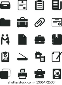 Solid Black Vector Icon Set - clip vector, clean sheet of paper, folder, estimate, notebook, case, suitcase, drawer, notes, copy, briefcase, statistical overview, newspaper, printer, scanner