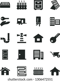 Solid Black Vector Icon Set - house vector, bedside table, dwelling, building trolley, siphon, key, ntrance door, interroom, buildings, city block, brick, heating coil, radiator, electronic boiler
