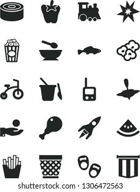 Solid Black Vector Icon Set - wicker pot vector, toy phone, children's sand set, deep plate with a spoon, train, small yule, child bicycle, shoes for little children, canned goods, chicken leg, fish