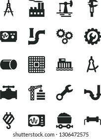 Solid Black Vector Icon Set - tower crane vector, hook, sewerage, gear, working oil derrick, valve, water pipes, hydroelectric station, industrial building, processor, pipe, Measuring compasses