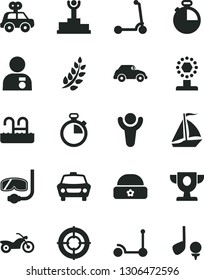 Solid Black Vector Icon Set - stopwatch vector, motor vehicle present, Kick scooter, child, warm hat, timer, car, retro, winner, laurel branch, podium, prize, cup, man with medal, aim, sail boat