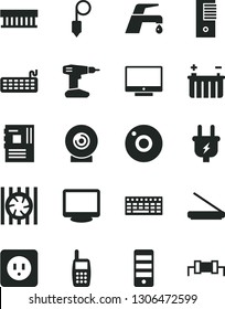 Solid Black Vector Icon Set - camera vector, drill, power socket type b, plummet, faucet mixer, screen, lens, battery, plug, mobile phone, radiator fan, keyboard, pc tower, motherboard, monitor