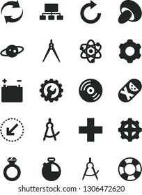 Solid Black Vector Icon Set - renewal vector, plus, clockwise, tumbler, cogwheel, gear, left bottom arrow, timer, CD, porcini, accumulator, scribed compasses, scheme, atom, drawing compass, saturn