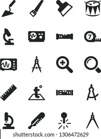 Solid Black Vector Icon Set - yardstick vector, zoom, mercury thermometer, drum, building trowel, arm saw, long meashuring tape, construction level, putty knife, temperature, magnifier, microscope