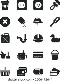 Solid Black Vector Icon Set - mark of injury vector, grocery basket, bank card, measuring cup for feeding, baby powder, beanbag, electronic thermometer e, rubber duck, toy sand set, bucket, sewerage
