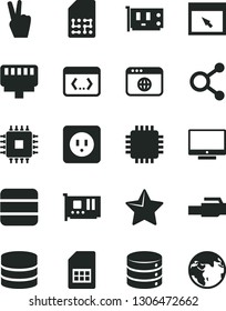 Solid Black Vector Icon Set - power socket type b vector, star, screen, big data, SIM card, connections, cpu, pc, browser, coding, lan connector, victory hand, earth