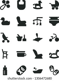 Solid Black Vector Icon Set - toys over the cradle vector, feeding bottle, diaper, bib, baby rattle, chair, car child seat, stroller, summer, rubber duck, children's bathroom, tumbler, toy sand set