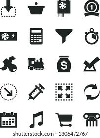 Solid Black Vector Icon Set - calendar vector, renewal, music, size, move down, right bottom arrow, cart, pan, filter, money, pc power supply, satellite, calculator, syringe, stopwatch, medal ribbon