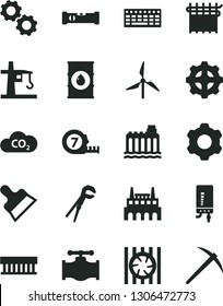 Solid Black Vector Icon Set - cogwheel vector, adjustable wrench, long meashuring tape, construction level, putty knife, electronic boiler, windmill, valve, oil, hydroelectricity, industrial factory