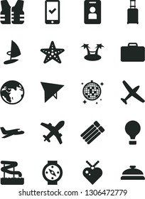 Solid Black Vector Icon Set - earth vector, plane, air balloon, hang glider, suitcase, rolling, phone registration, disco ball, aquapark, starfish, access card, life vest, palm hammok, windsurfing