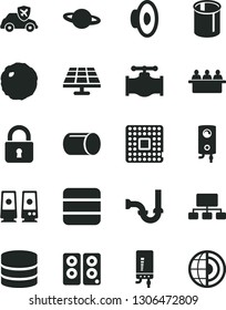 Solid Black Vector Icon Set - loudspeaker vector, sewerage, boiler, electronic, lock, planet, cabbage, solar panel, valve, autopilot, processor, pipe, pipes, court hearing, scheme, pc speaker