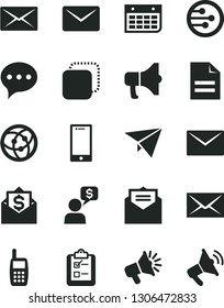 Solid Black Vector Icon Set - envelope vector, scribbled paper, received letter, speech, smartphone, survey, megaphone, copy, loudspeaker, wall calendar, mobile phone, network, mail, plane, money