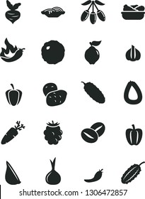 Solid Black Vector Icon Set - stick of sausage vector, slices onion, lettuce in a plate, cabbage, cucumber, garlic, carrot, coffee beans, quince, blackberry, goji berry, Bell pepper, ripe, red, hot