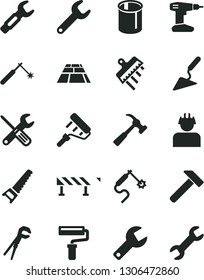 Solid Black Vector Icon Set - paint roller vector, repair key, building trowel, small tools, adjustable wrench, drill, hand saw, spatula, paving slab, road fence, hammer, with claw, builder, pipes