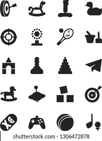 Solid Black Vector Icon Set - paper airplane vector, rubber duck, bath ball, stacking toy, tumbler, sand set, yule, rocking horse, small, cubes for children, box of bricks, joystick, cup, pawn, aim