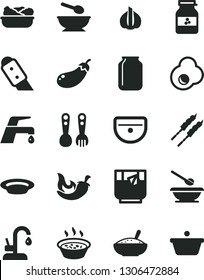 Solid Black Vector Icon Set - deep plate with a spoon vector, plates and spoons, plastic fork, sink, knife, faucet mixer, kitchen, bowl of rice porridge, in saucepan, lettuce, barbecue, chili, pan