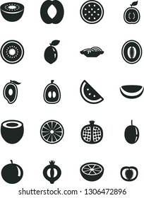 Solid Black Vector Icon Set - slices of onion vector, orange slice, half pomegranate, medlar, mango, peach, melon, tangerine, loquat, passion fruit, kiwi, sour lime, guawa, piece coconut, grapefruit