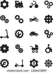 Solid Black Vector Icon Set - truck lorry vector, baby carriage, children's train, tricycle, Kick scooter, child, gears, cogwheel, gear, star, retro car, three, dollar, motorcycle, disabled