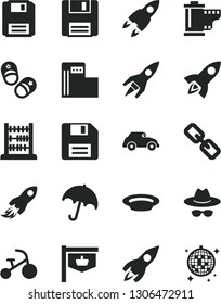 Solid Black Vector Icon Set - floppy disk vector, spectacles, hat with glasses, camera roll, tricycle, child shoes, abacus, umbrella, plate, modern gas station, retro car, vintage sign, rocket