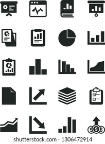 Solid Black Vector Icon Set - clean sheet of paper vector, pie chart, bar, growth, negative, positive histogram, cardiogram, pile, survey, statistical report, overview, book on statistics, research