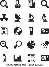 Solid Black Vector Icon Set - magnifier vector, zoom out, negative histogram, artificial satellite, flask, radiation, antenna, ring diagram, pie charts, statistical research, article, test tube